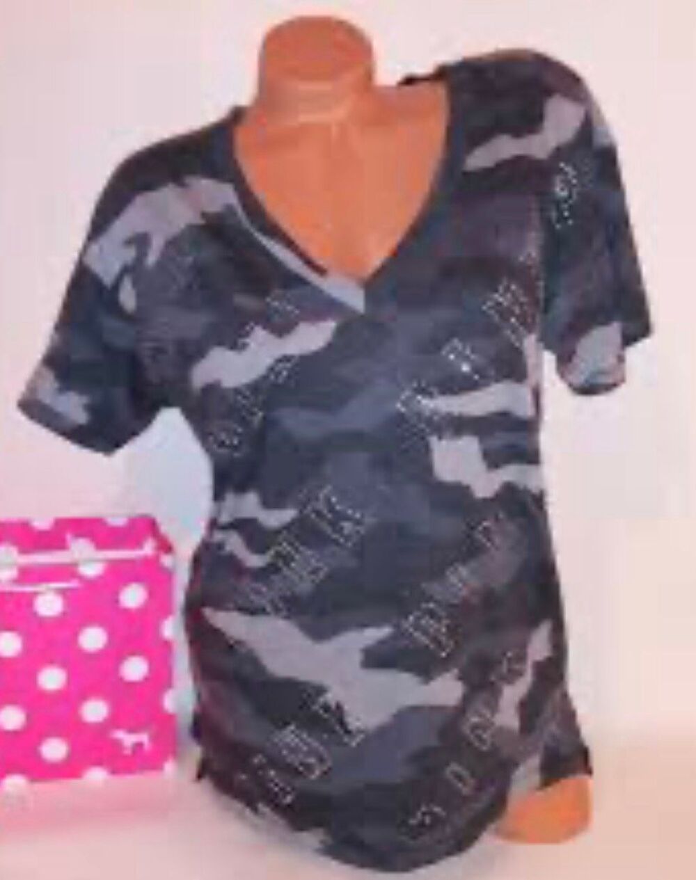 Vintage y2k VS Pink grey bling crystal logo camouflage camo tee t shirt top L